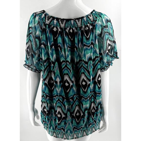 INC International Concepts Peasant Top Plus Size 2X Blue Black Ikat Mesh Overlay - Picture 4 of 5